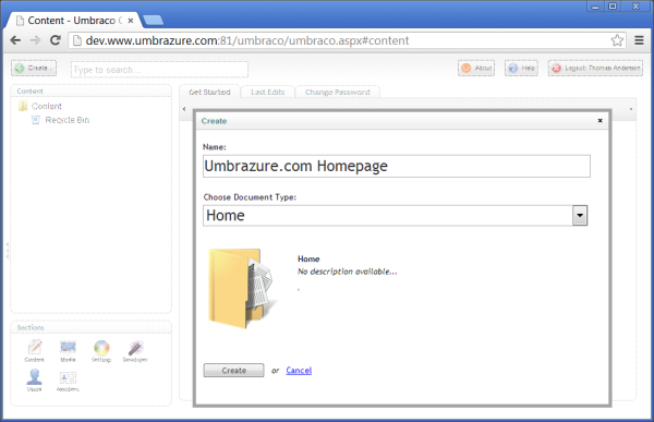 Create Umbrazure Homepage